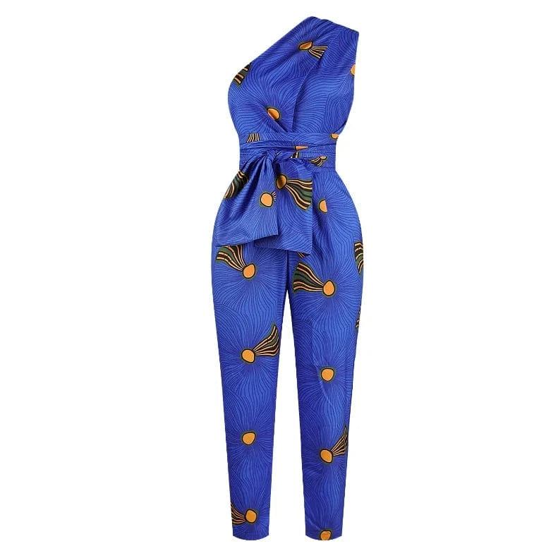 Hot Selling Casual Wear African Style Digital Print DIY Ribbon Women Jumpsuit