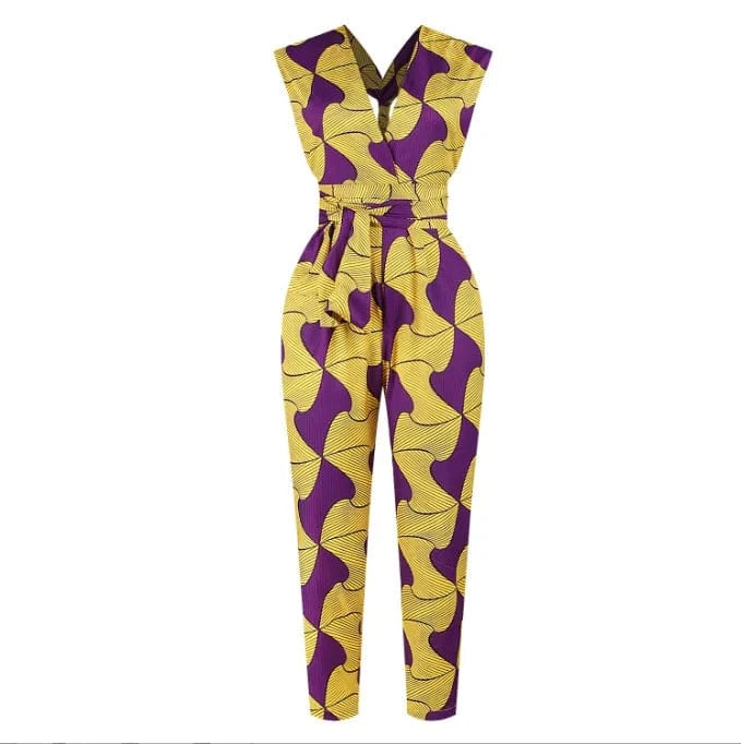 Hot Selling Casual Wear African Style Digital Print DIY Ribbon Women Jumpsuit