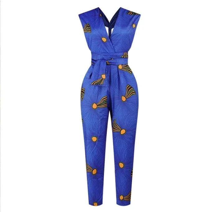 Hot Selling Casual Wear African Style Digital Print DIY Ribbon Women Jumpsuit