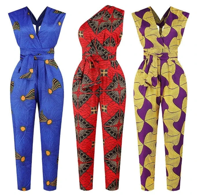 Hot Selling Casual Wear African Style Digital Print DIY Ribbon Women Jumpsuit