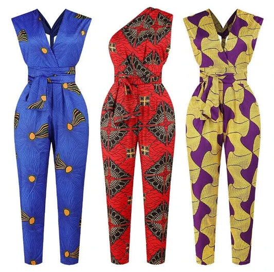 Hot Selling Casual Wear African Style Digital Print DIY Ribbon Women Jumpsuit