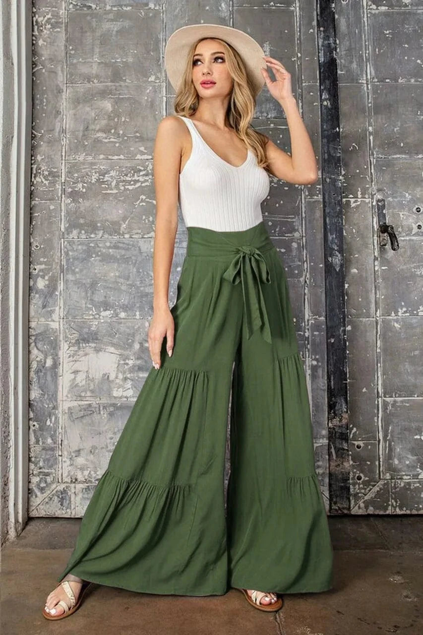 Hot Selling Fashionable Style Strap Elastic Waist Pleated Wide Leg Pants Casual Loose  Women's Trousers