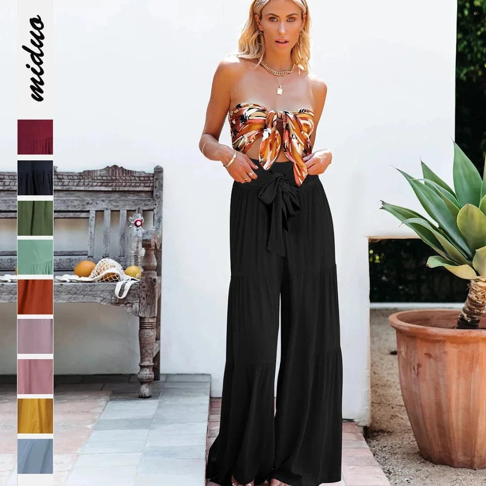 Hot Selling Fashionable Style Strap Elastic Waist Pleated Wide Leg Pants Casual Loose  Women's Trousers