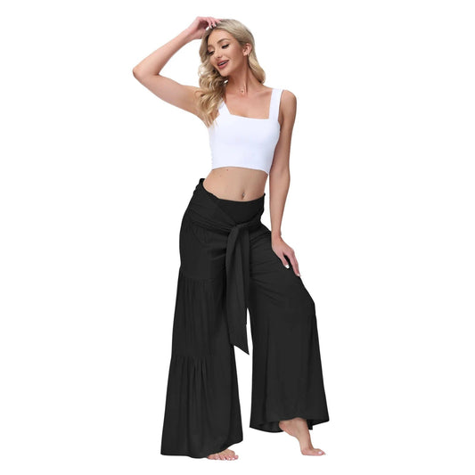 Hot Selling Fashionable Style Strap Elastic Waist Pleated Wide Leg Pants Casual Loose  Women's Trousers