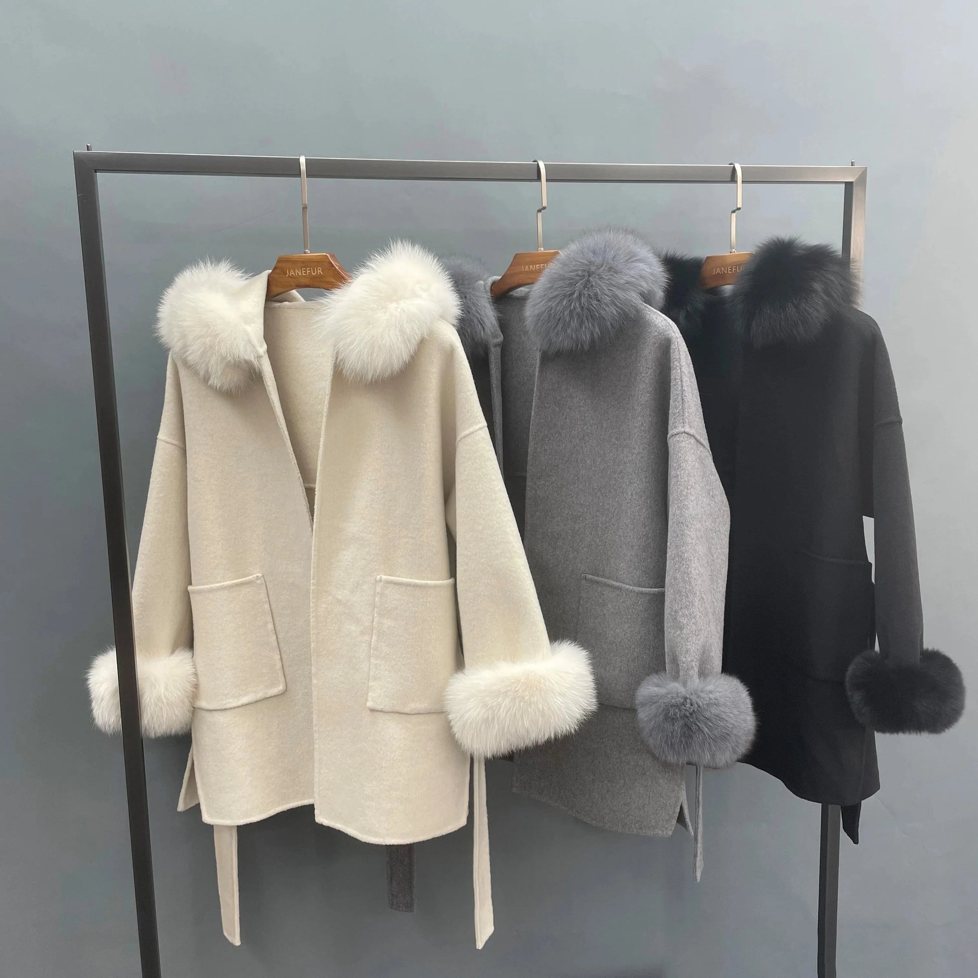 hot selling grey black fox fur collar and fur cuff hood  wool coat wholesale women cashmere wool fur coat