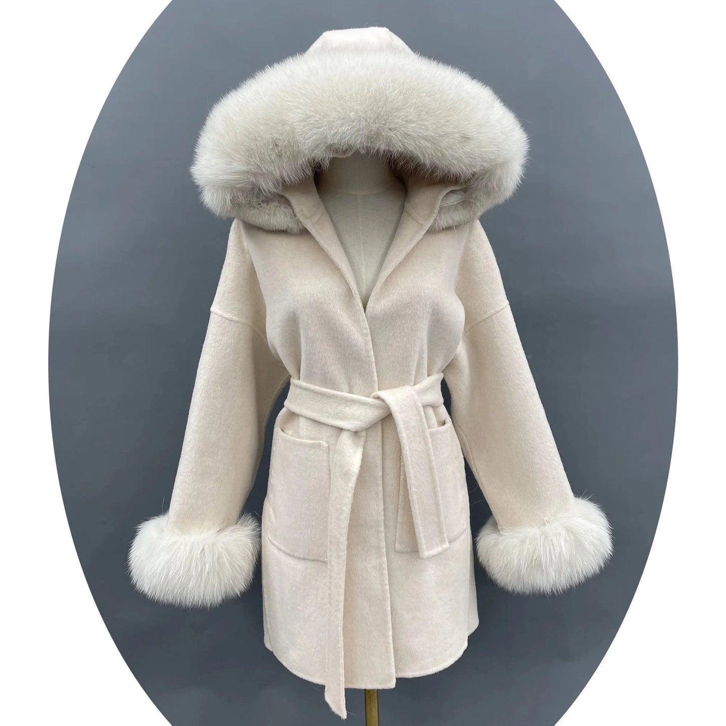 hot selling grey black fox fur collar and fur cuff hood  wool coat wholesale women cashmere wool fur coat