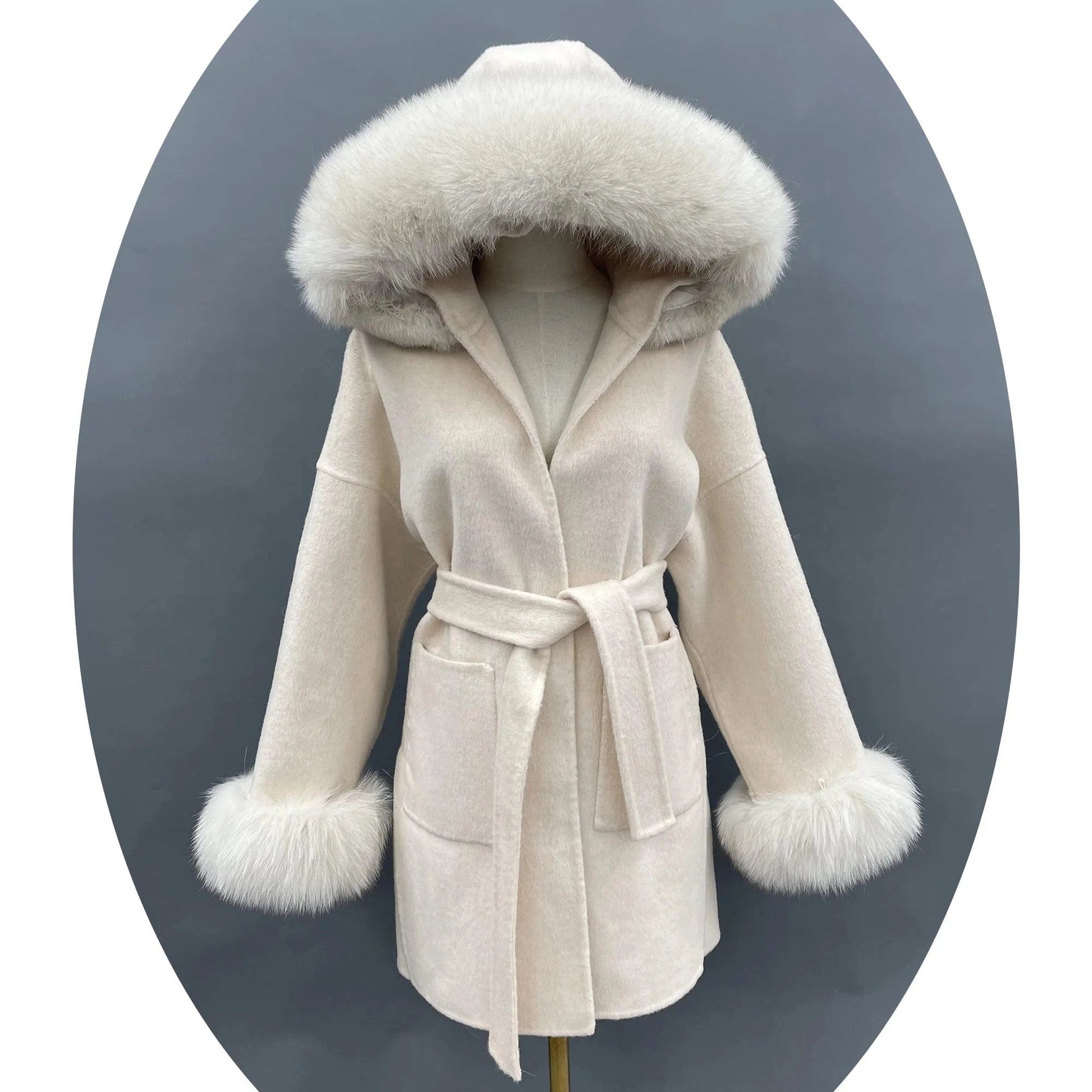 hot selling grey black fox fur collar and fur cuff hood  wool coat wholesale women cashmere wool fur coat