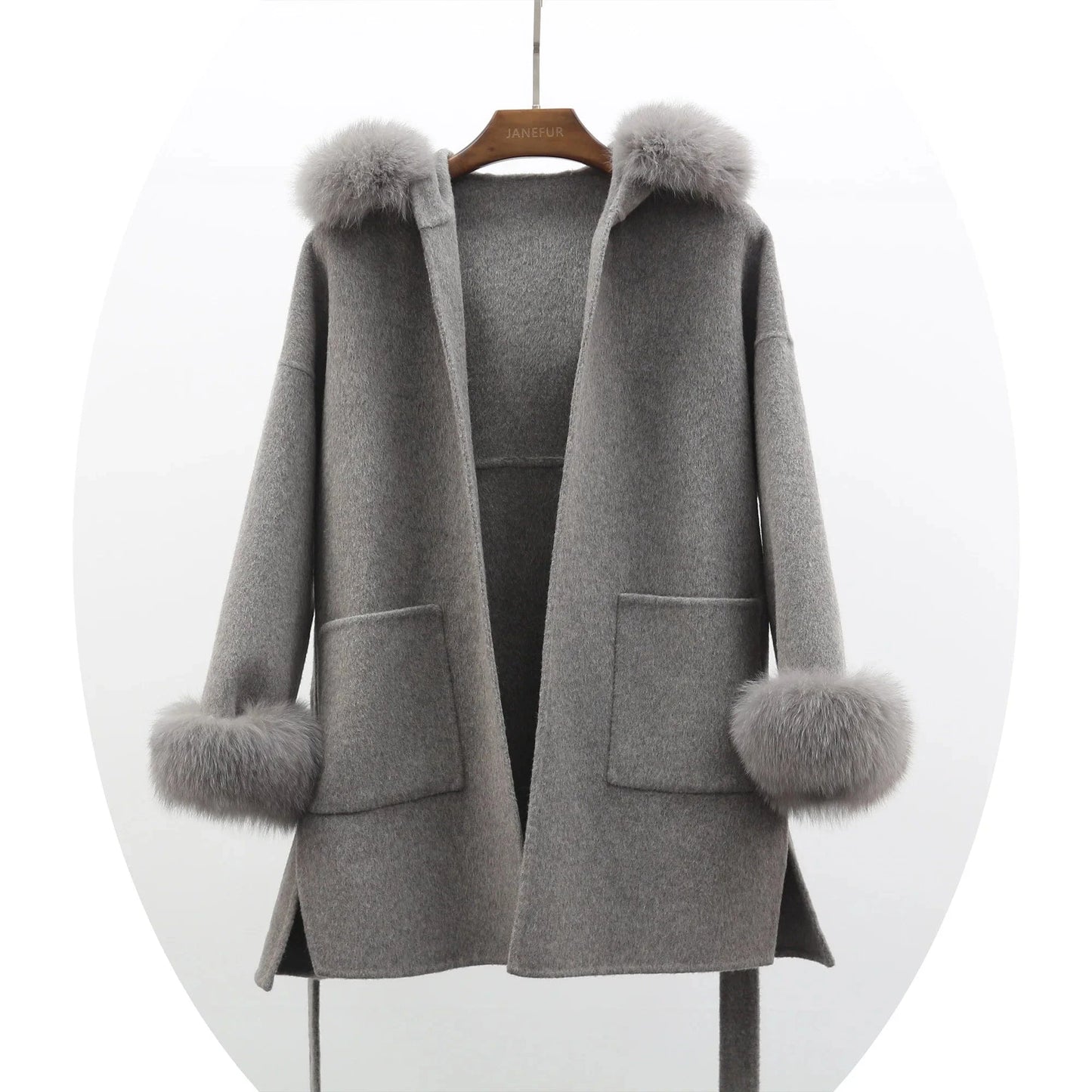 hot selling grey black fox fur collar and fur cuff hood  wool coat wholesale women cashmere wool fur coat