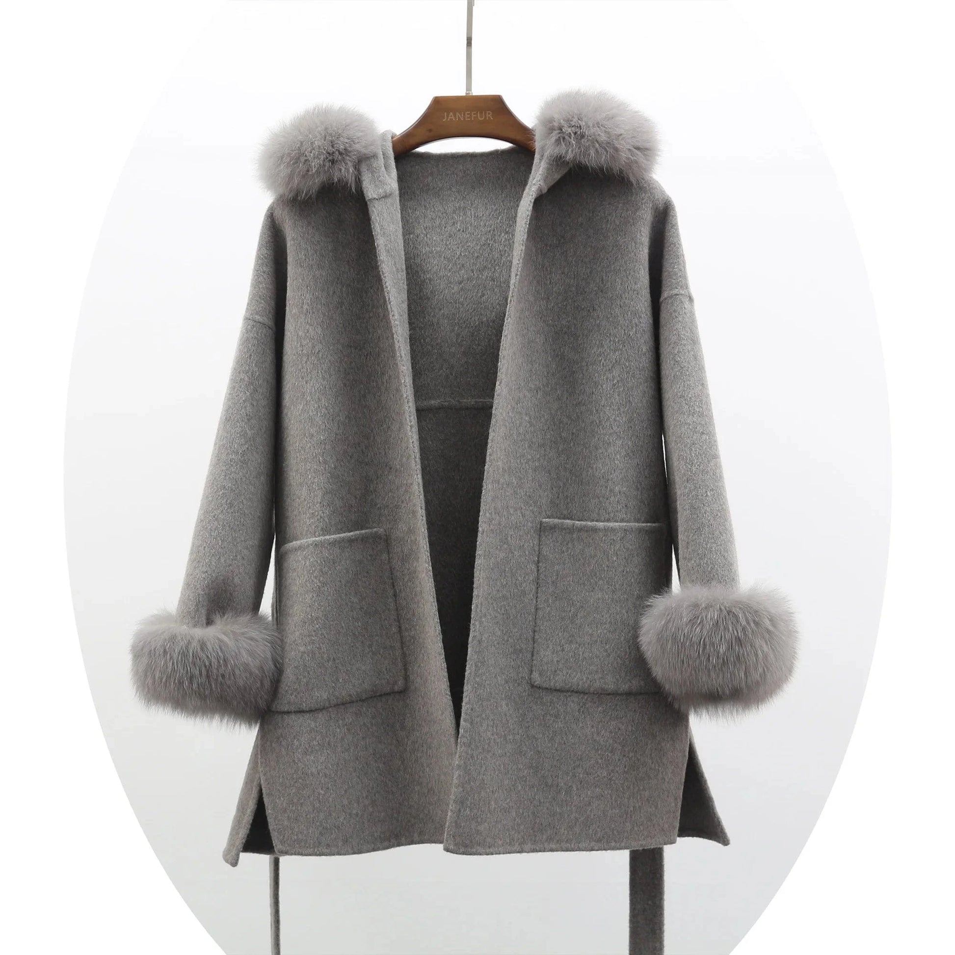 hot selling grey black fox fur collar and fur cuff hood  wool coat wholesale women cashmere wool fur coat