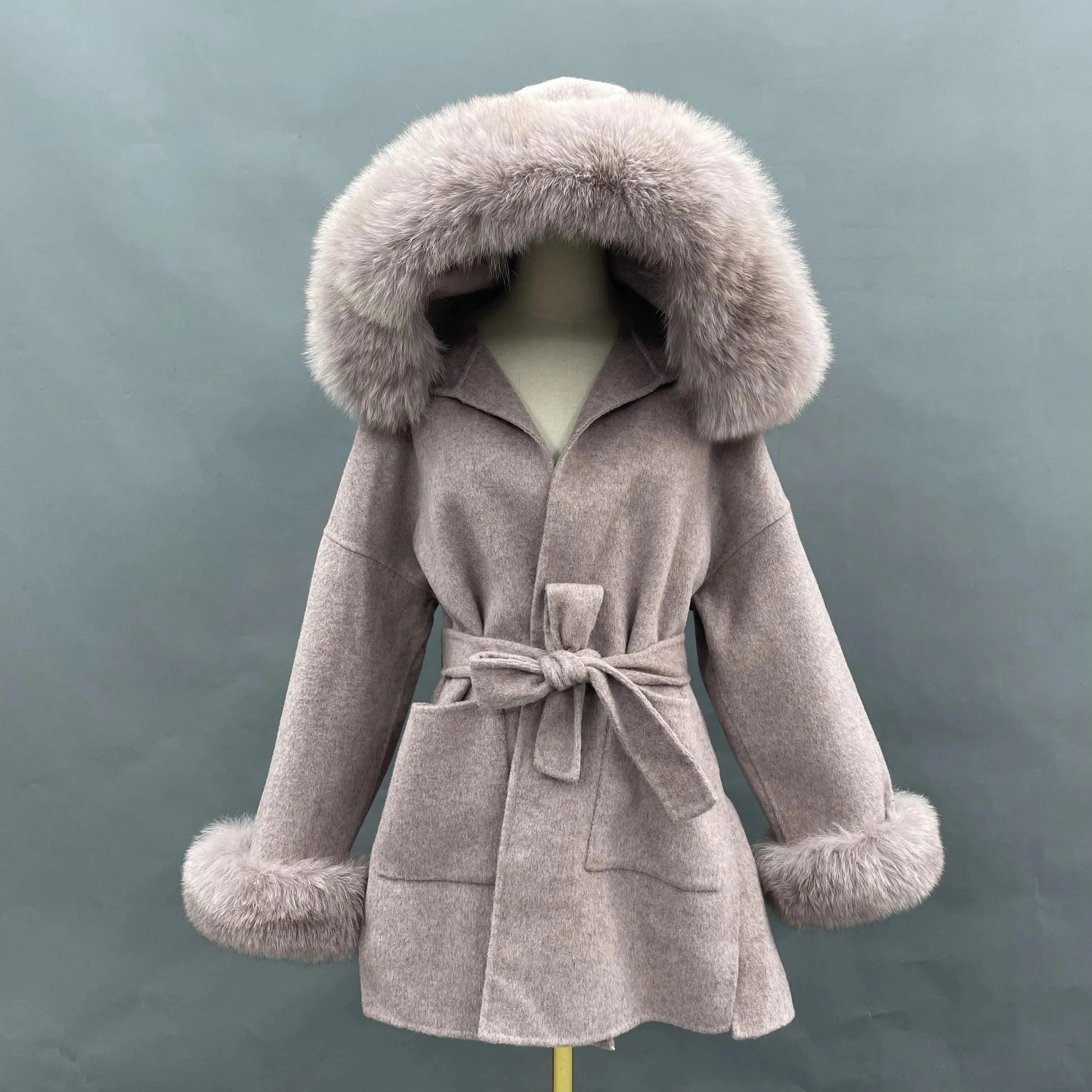 hot selling grey black fox fur collar and fur cuff hood  wool coat wholesale women cashmere wool fur coat