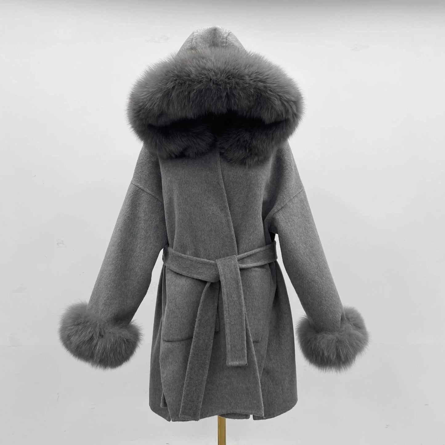 hot selling grey black fox fur collar and fur cuff hood  wool coat wholesale women cashmere wool fur coat