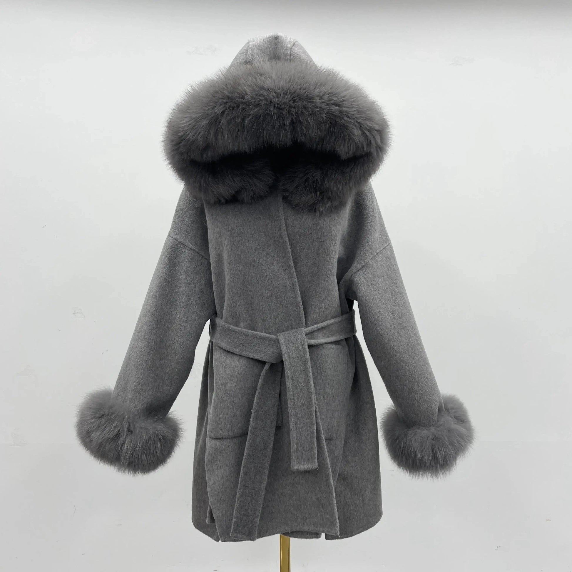 hot selling grey black fox fur collar and fur cuff hood  wool coat wholesale women cashmere wool fur coat