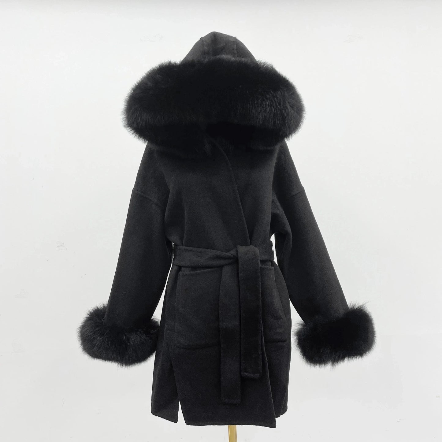 hot selling grey black fox fur collar and fur cuff hood  wool coat wholesale women cashmere wool fur coat