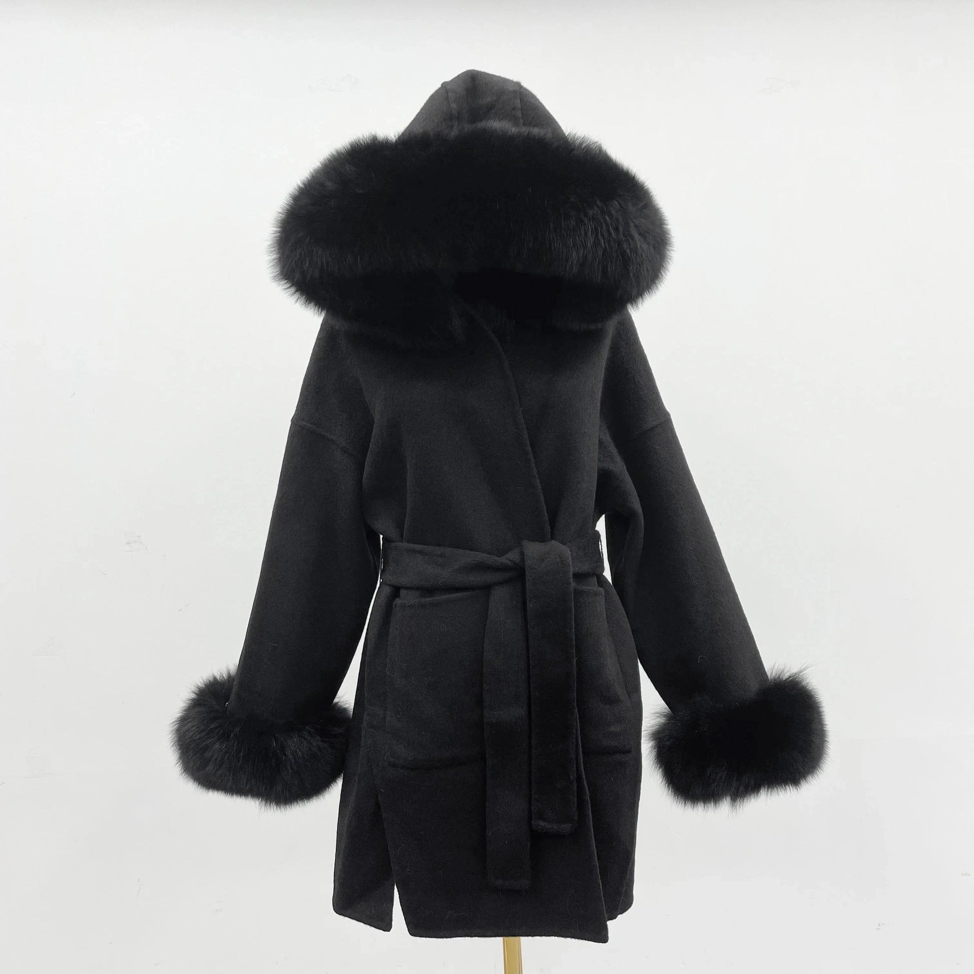 hot selling grey black fox fur collar and fur cuff hood  wool coat wholesale women cashmere wool fur coat