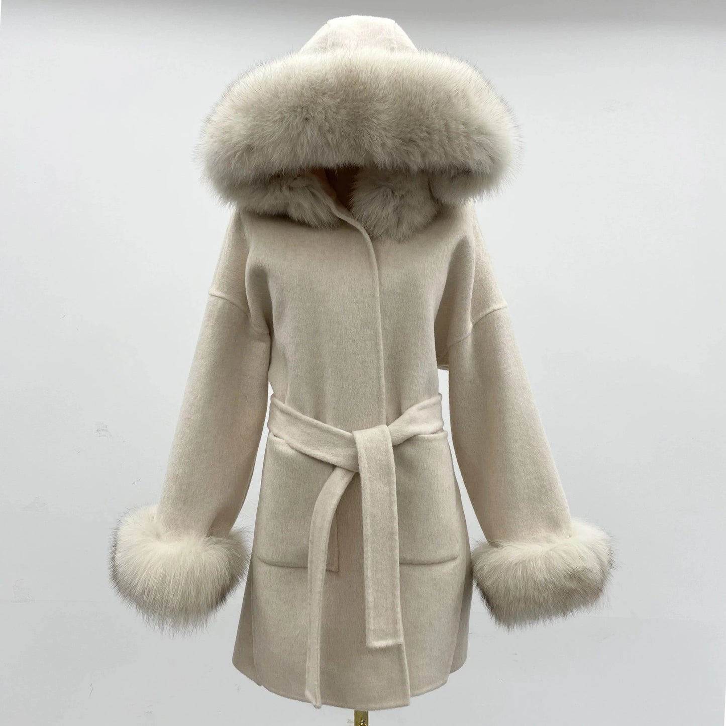 hot selling grey black fox fur collar and fur cuff hood  wool coat wholesale women cashmere wool fur coat