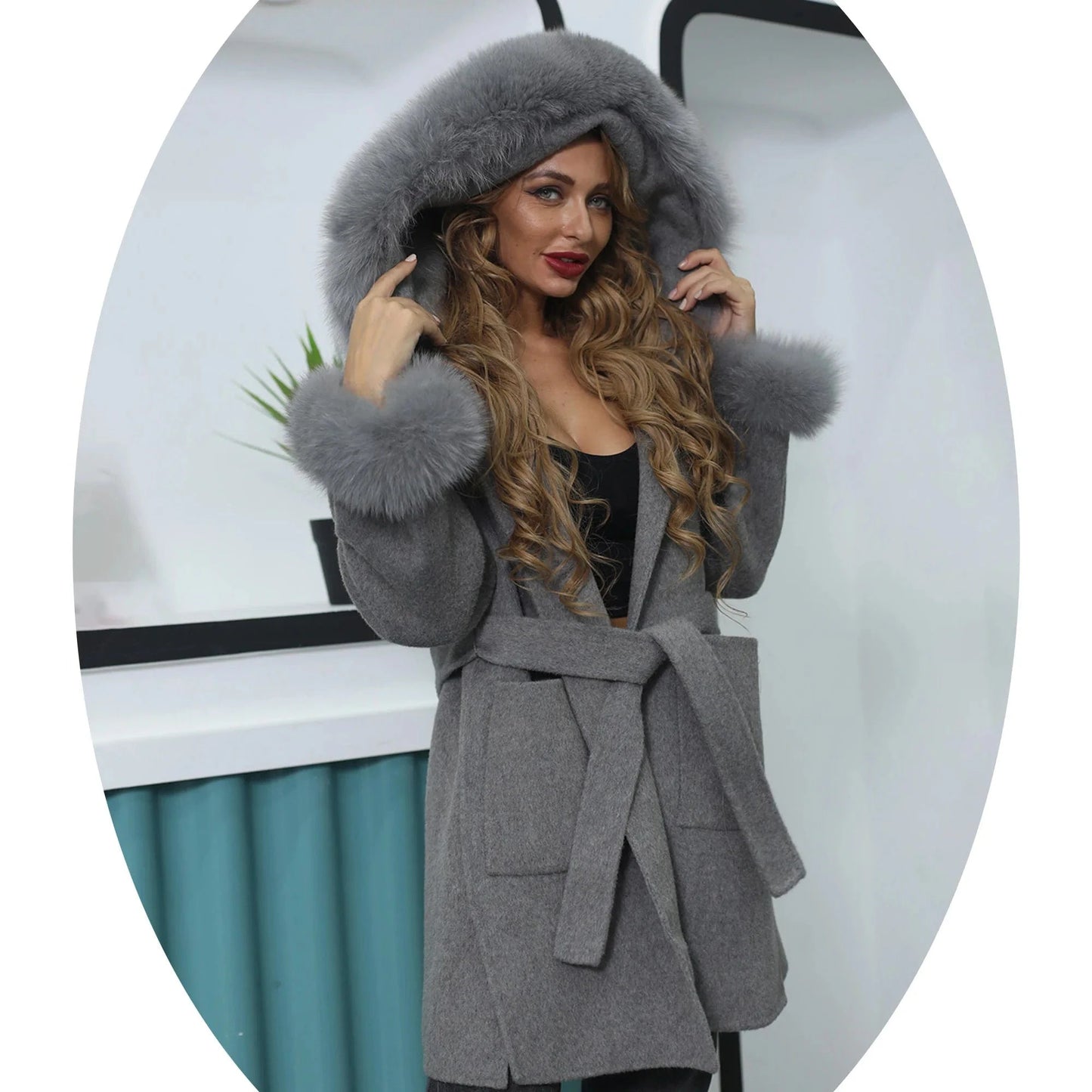 hot selling grey black fox fur collar and fur cuff hood  wool coat wholesale women cashmere wool fur coat