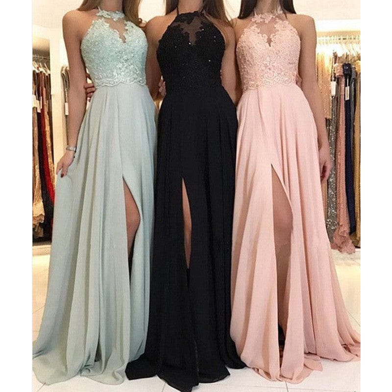 Hot selling high quality long prom dress applique halter sleeveless split chiffon girls bridesmaid dresses