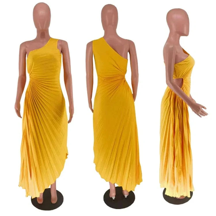 Hot selling ladies elegant party long maxi sexy dress sleeveless one single shoulder pleated women's dresses