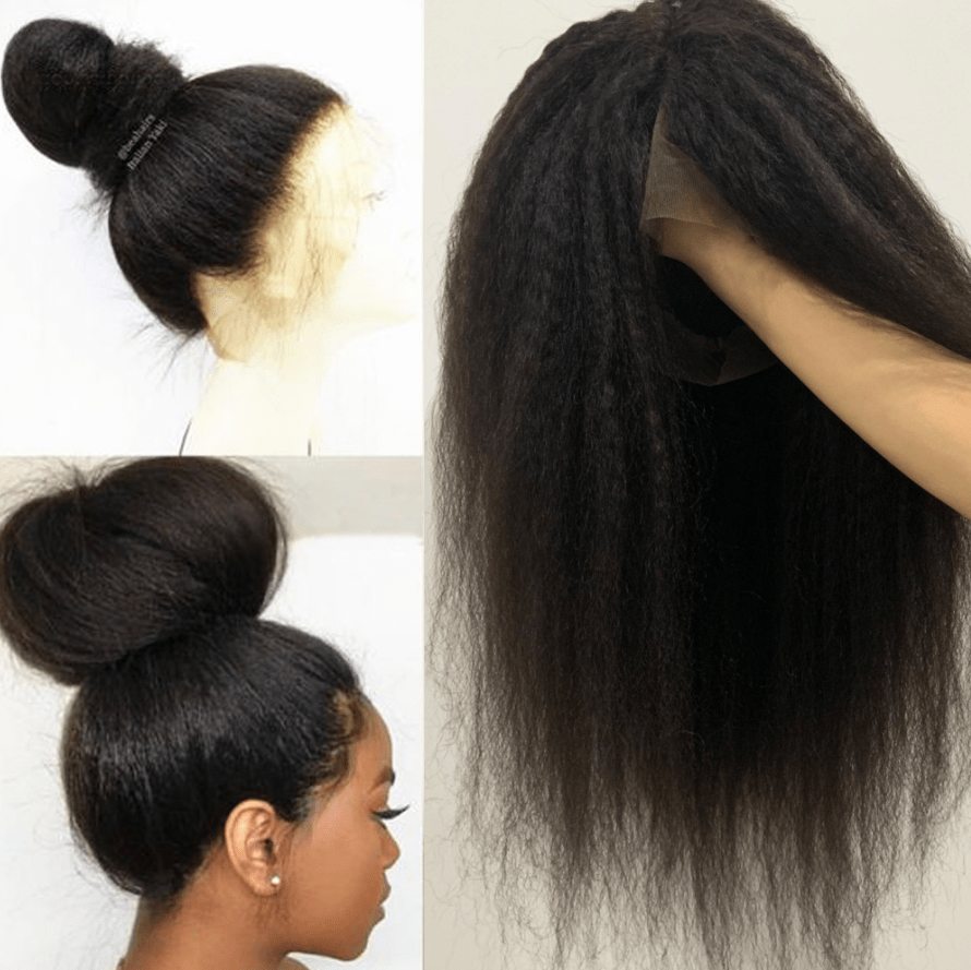 Hot Selling Long Inch 1B# Natural Color 360  Kinky Straight Frontal Lace Wigs With Baby Hair For Black Women Human Hair