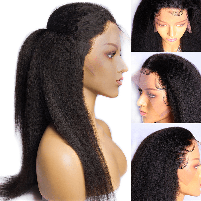 Hot Selling Long Inch 1B# Natural Color 360  Kinky Straight Frontal Lace Wigs With Baby Hair For Black Women Human Hair