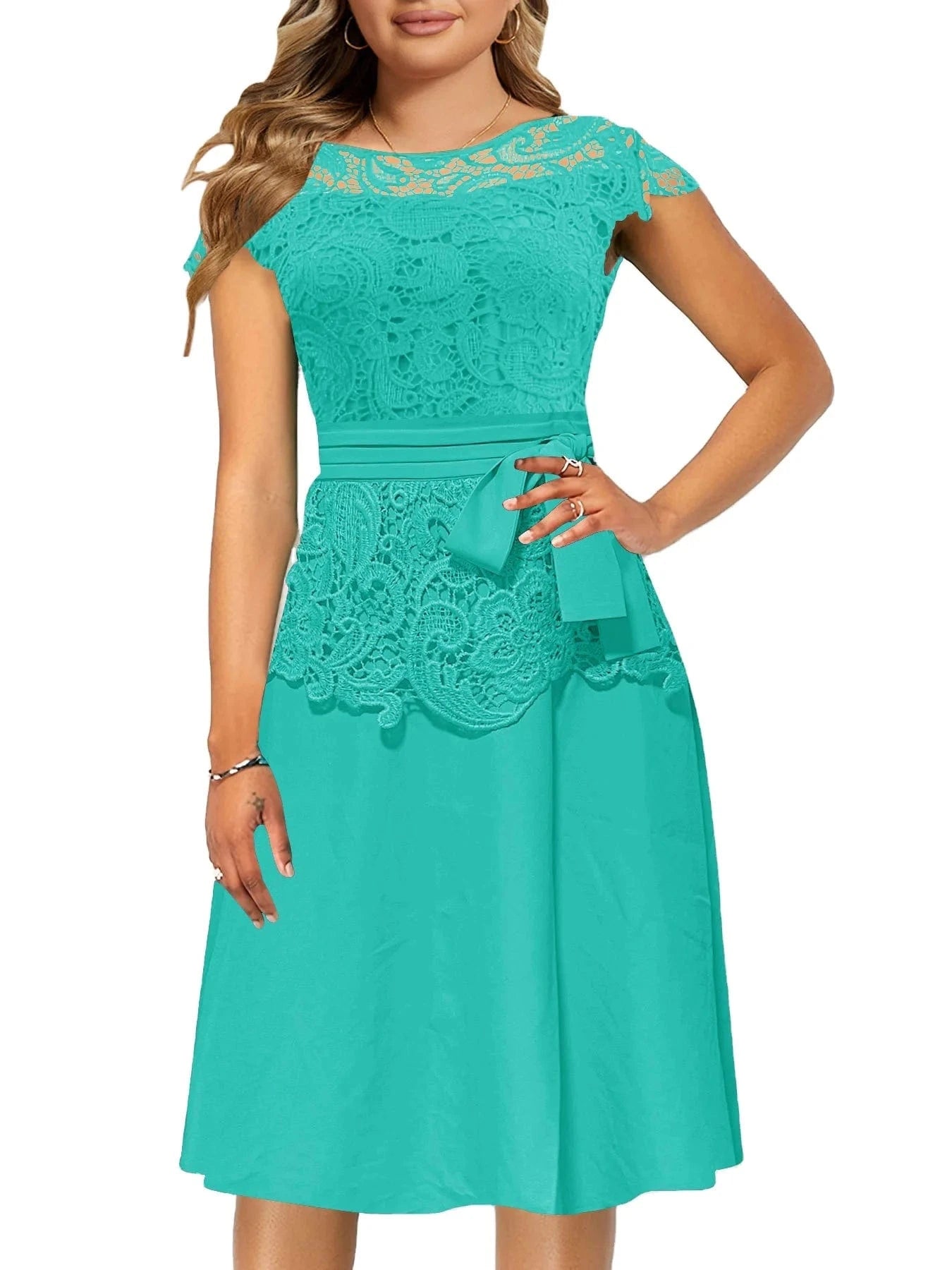 Hot Selling New Summer Plus Size Dress Fashion Lace Stitching Round Neck High Waist Swing Slim Dress
