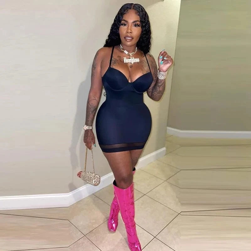 Hot Selling Nightclub Fashion Suspender Low-cut Mesh Panels Sexy Hip Wrap Dress