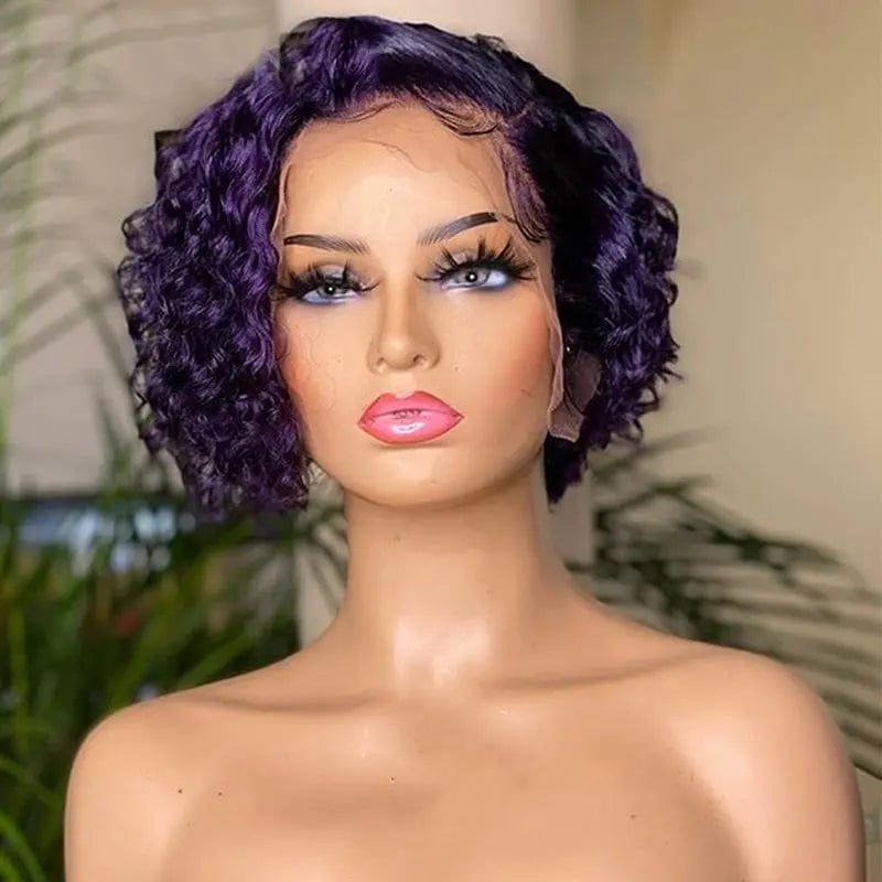 Hot Selling Pixie Curly Wigs Purple Color Short Bob Human Hair Lace Front Wigs for Black Women