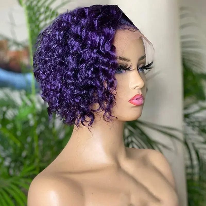 Hot Selling Pixie Curly Wigs Purple Color Short Bob Human Hair Lace Front Wigs for Black Women