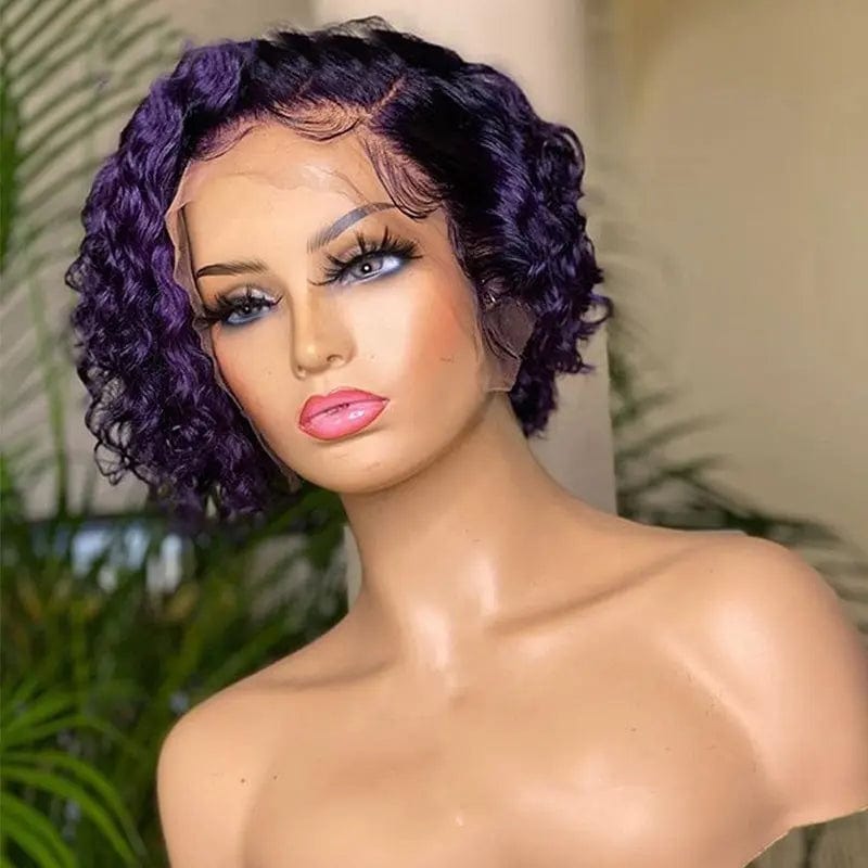 Hot Selling Pixie Curly Wigs Purple Color Short Bob Human Hair Lace Front Wigs for Black Women
