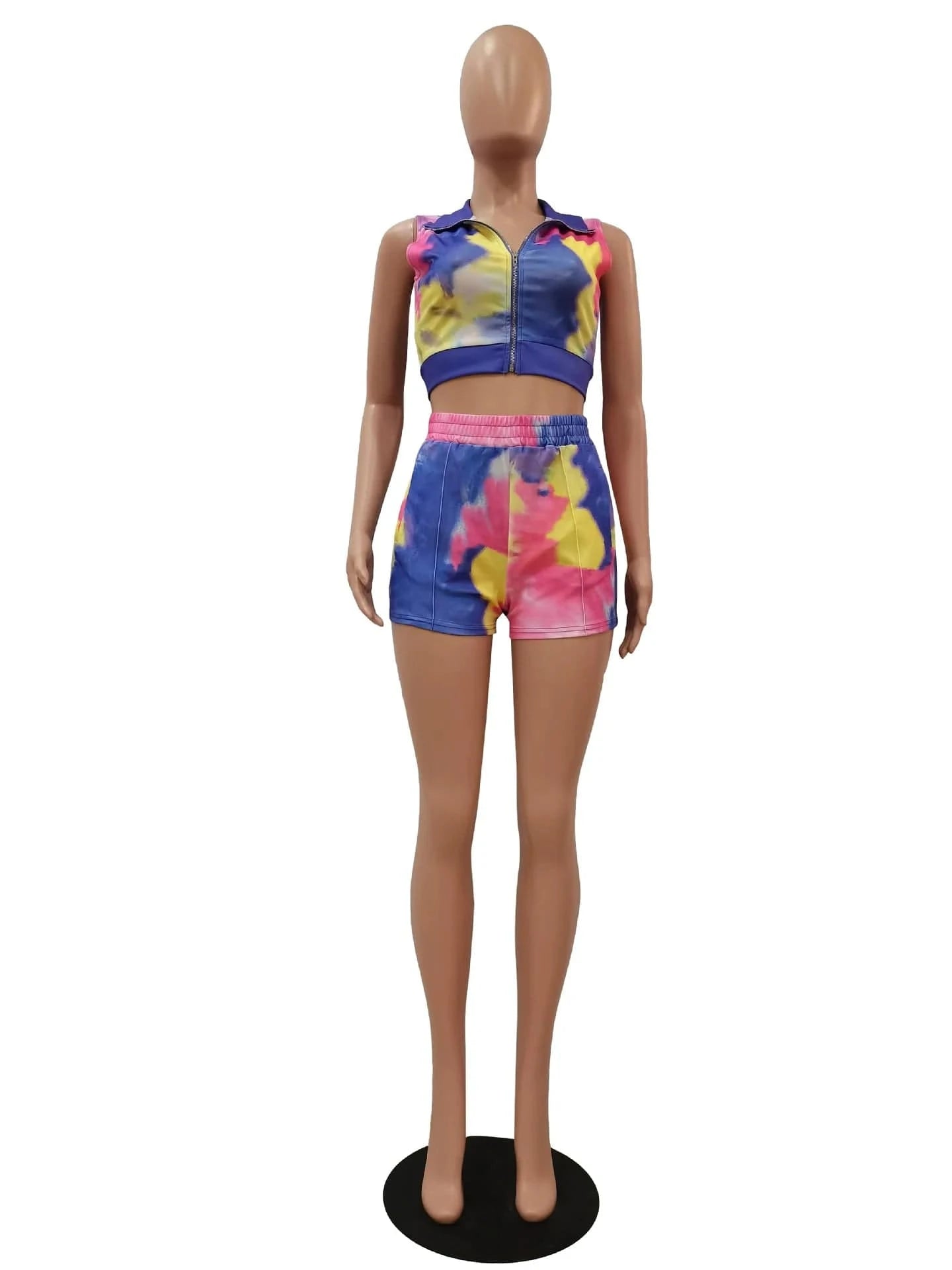 Hot Selling Sexy 2 Piece Set Women Clothing Tie-dyed Outfits Zipper Two Piece Short Pants for Ladies