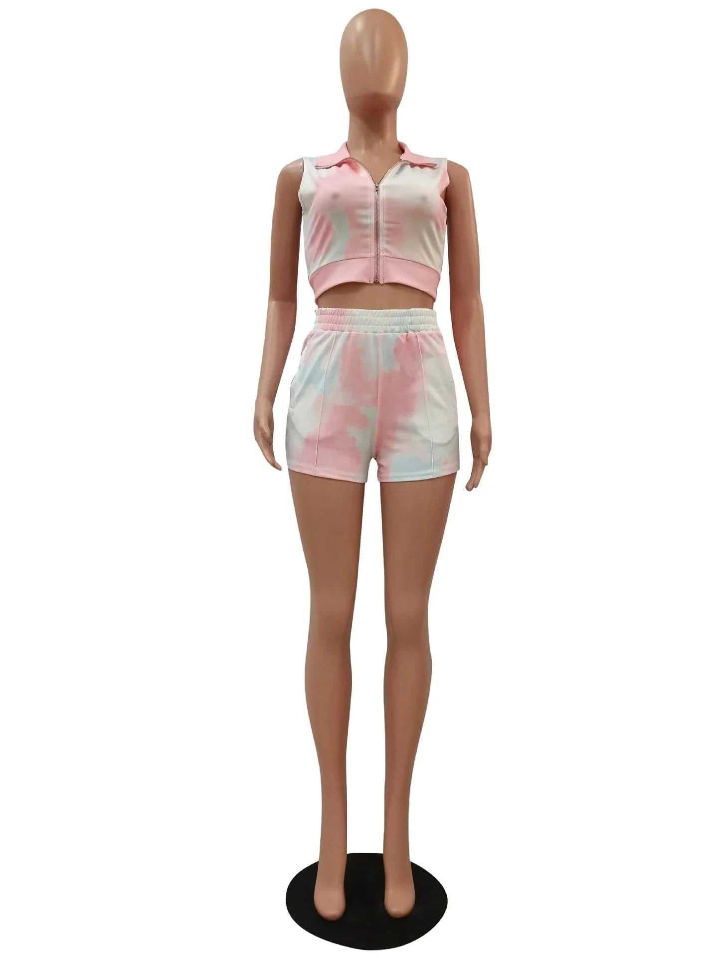 Hot Selling Sexy 2 Piece Set Women Clothing Tie-dyed Outfits Zipper Two Piece Short Pants for Ladies