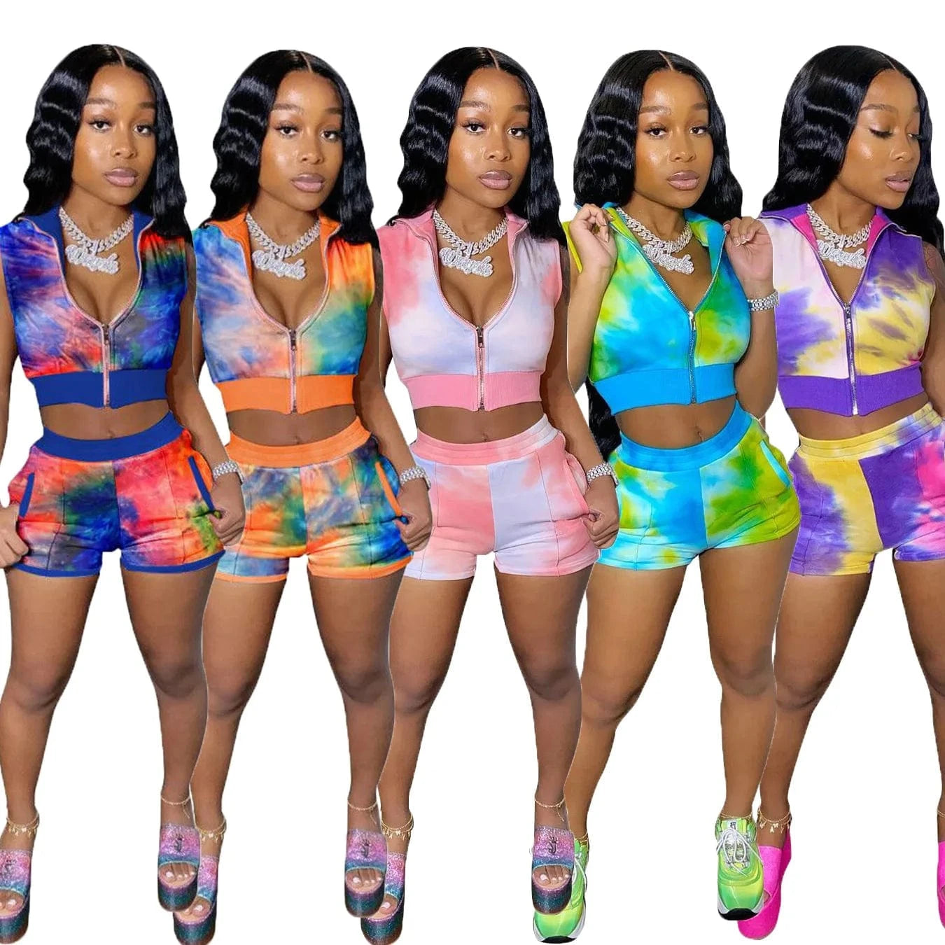 Hot Selling Sexy 2 Piece Set Women Clothing Tie-dyed Outfits Zipper Two Piece Short Pants for Ladies