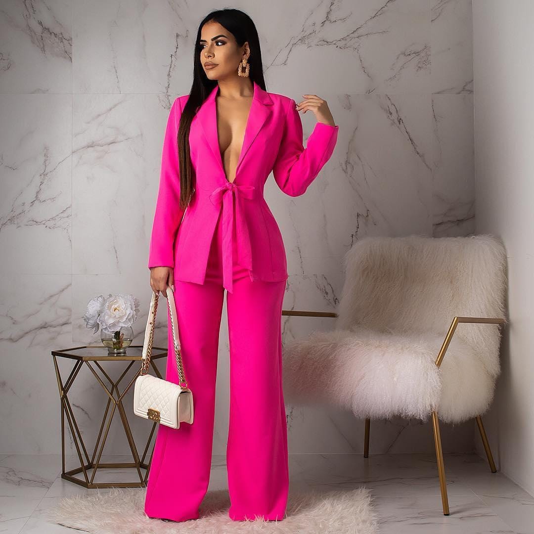 Hot selling Sexy Blazer and Pants Two Pcs Set Bow Ladies Elegant Female Formal Women Suits Jumpsuit For Ladies