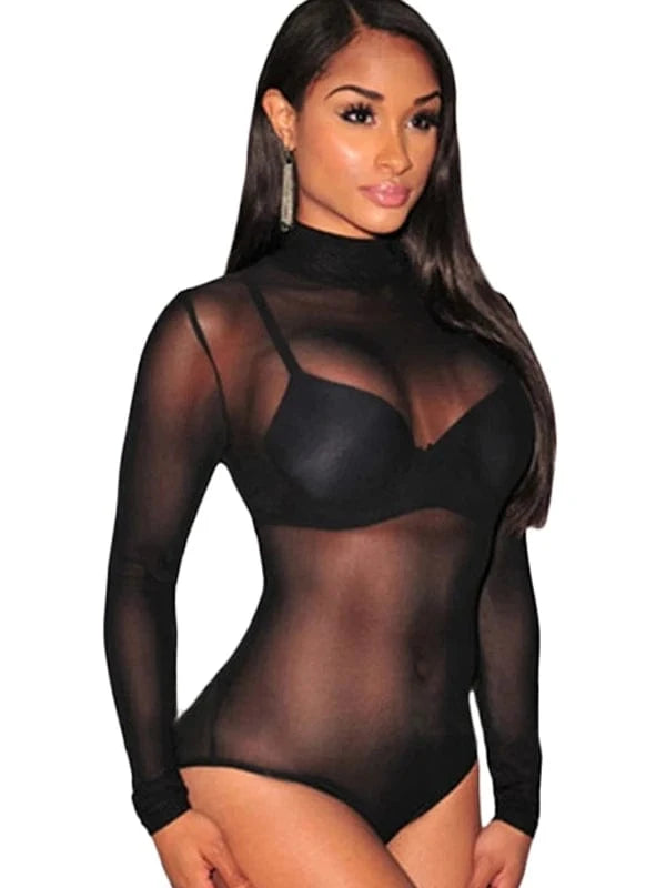 Hot Selling Sheer Black Long Sleeve Sexy Body Suit Bodycon Mesh Bodysuit For Woman