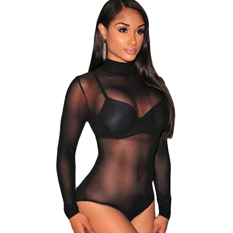 Hot Selling Sheer Black Long Sleeve Sexy Body Suit Bodycon Mesh Bodysuit For Woman