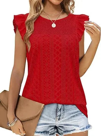 Hot Selling Summer New Women's Round T-Shirt Cute Jacquard Top Ruffled Loose Waist Shirt