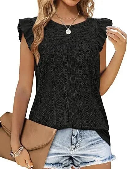 Hot Selling Summer New Women's Round T-Shirt Cute Jacquard Top Ruffled Loose Waist Shirt