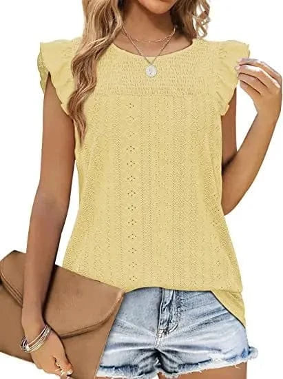 Hot Selling Summer New Women's Round T-Shirt Cute Jacquard Top Ruffled Loose Waist Shirt