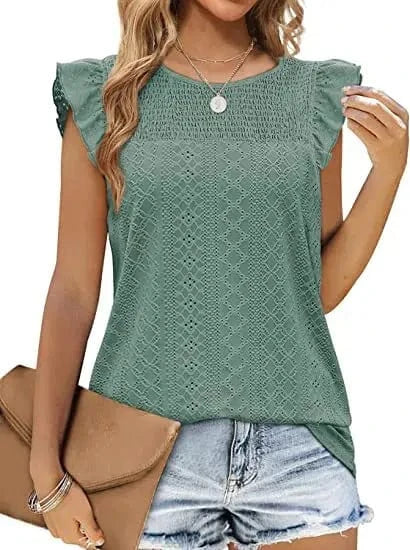 Hot Selling Summer New Women's Round T-Shirt Cute Jacquard Top Ruffled Loose Waist Shirt