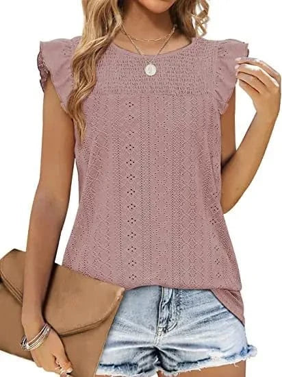 Hot Selling Summer New Women's Round T-Shirt Cute Jacquard Top Ruffled Loose Waist Shirt