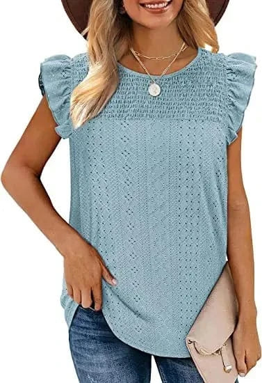Hot Selling Summer New Women's Round T-Shirt Cute Jacquard Top Ruffled Loose Waist Shirt