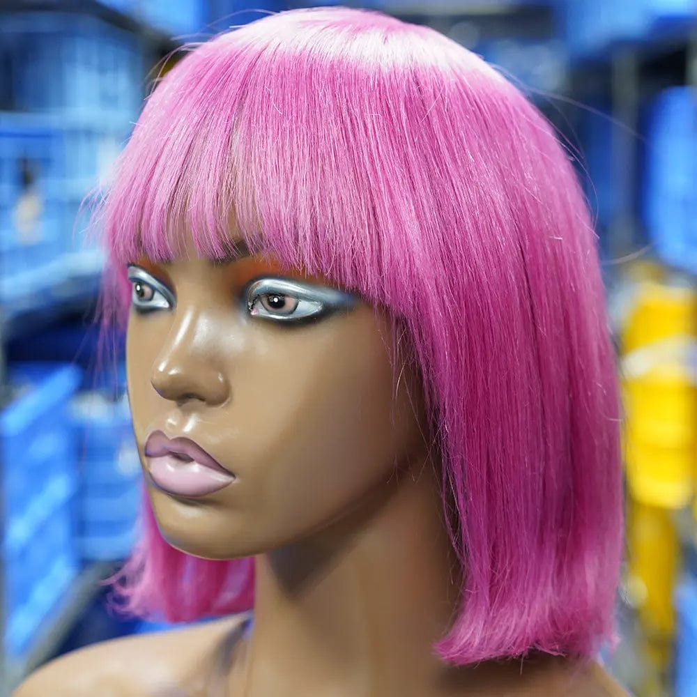 Human Hair Bob Lace Wigs Vendor,Red Orange Pink Purple Cut Bob Wigs With Bang,Wigs Rose Red Pink Bobs Hair 100%human