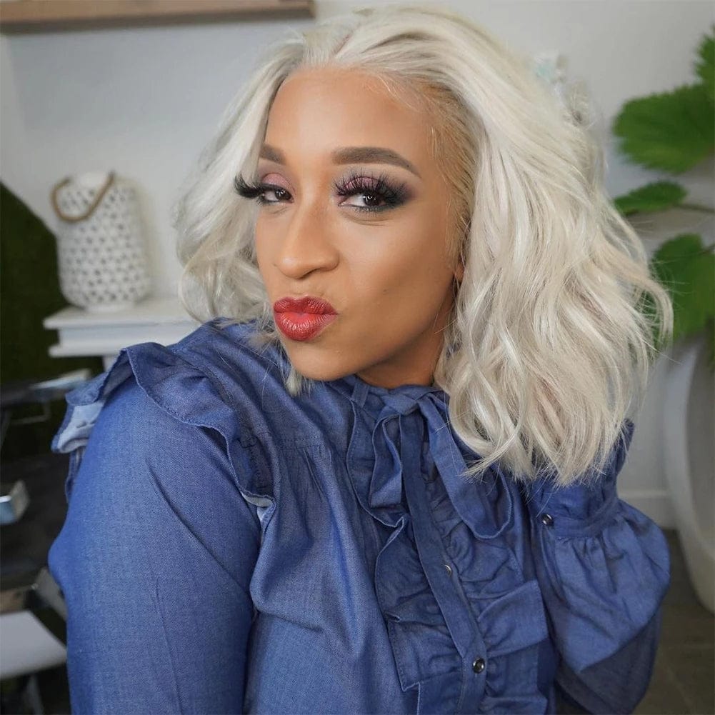 Icy Platinum Blonde Short Bob 13x4 Lace Front Human Hair Wigs Remy Hair 14" Loose Wave Wig Transparent Lace Wigs