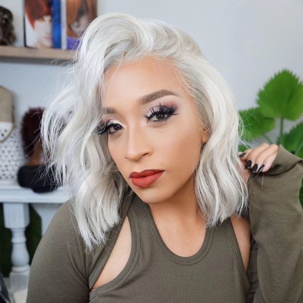 Icy Platinum Blonde Short Bob 13x4 Lace Front Human Hair Wigs Remy Hair 14" Loose Wave Wig Transparent Lace Wigs