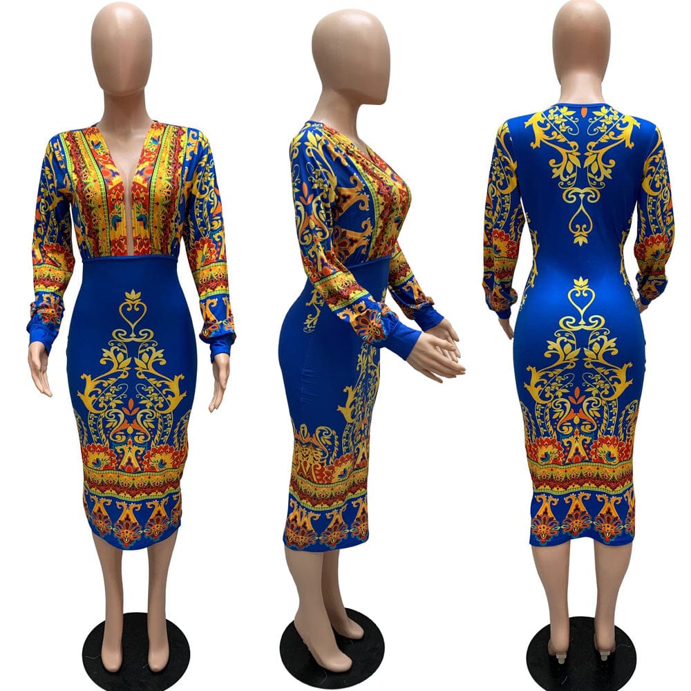 IHOOV deep v neck sexy casual African print Kitenge designs traditional dress for women