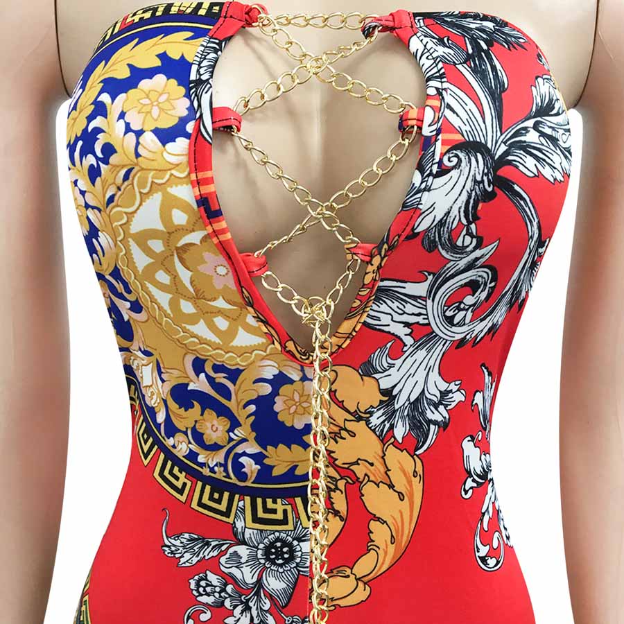 IHOOV Fashion V Neck Print Sleeveless Chain Tie Chest Slit Long elegant casual dresses party dress