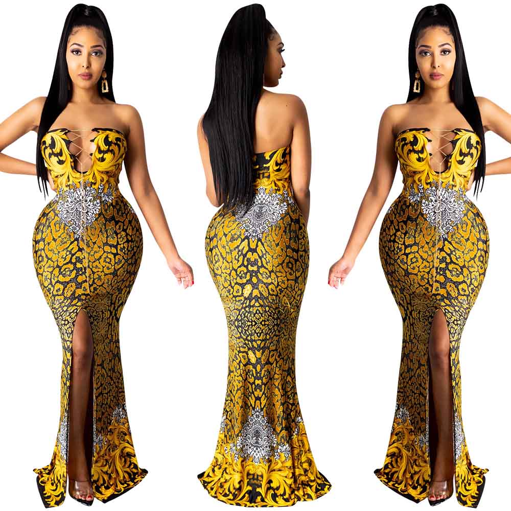 IHOOV Fashion V Neck Print Sleeveless Chain Tie Chest Slit Long elegant casual dresses party dress