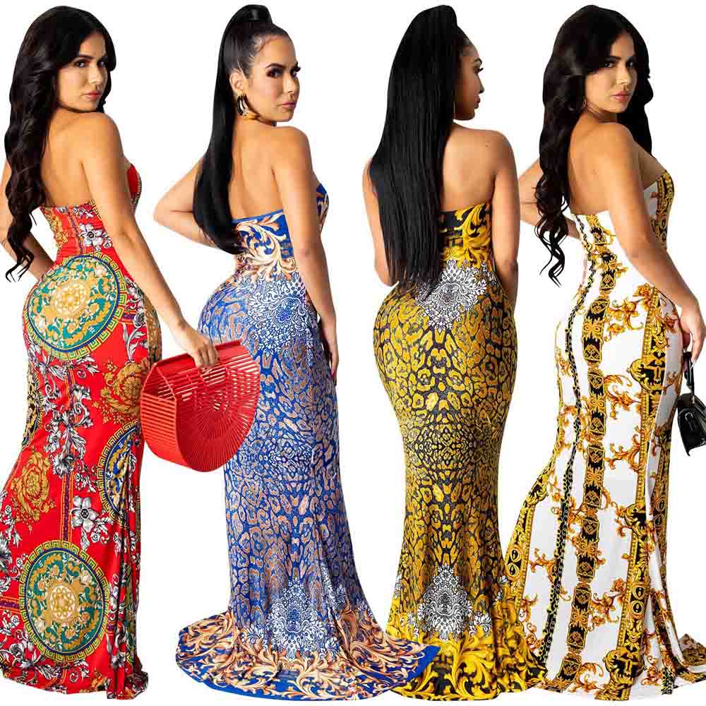 IHOOV Fashion V Neck Print Sleeveless Chain Tie Chest Slit Long elegant casual dresses party dress