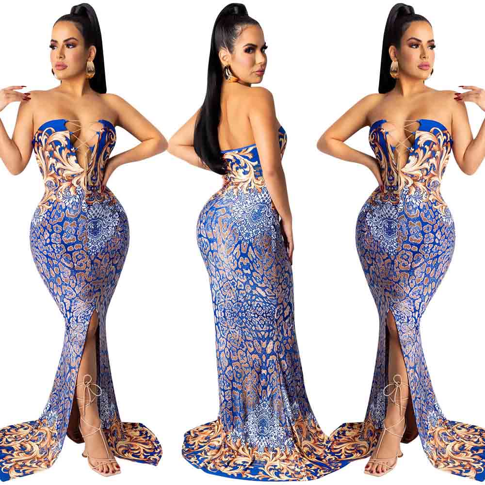 IHOOV Fashion V Neck Print Sleeveless Chain Tie Chest Slit Long elegant casual dresses party dress