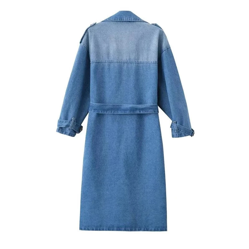 IHOOV outdoor Double Breasted Belted Denim Coat long coat fall clothing women ladies denim long jacket